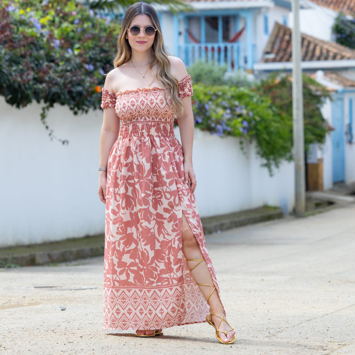 Vestido largo flores terracota