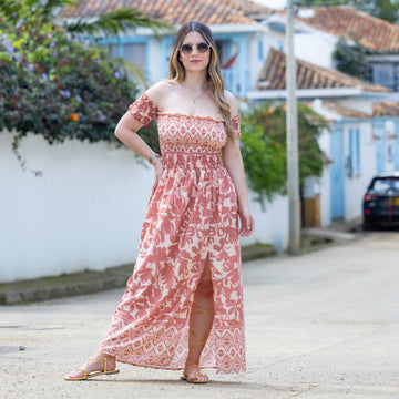 Vestido largo flores terracota