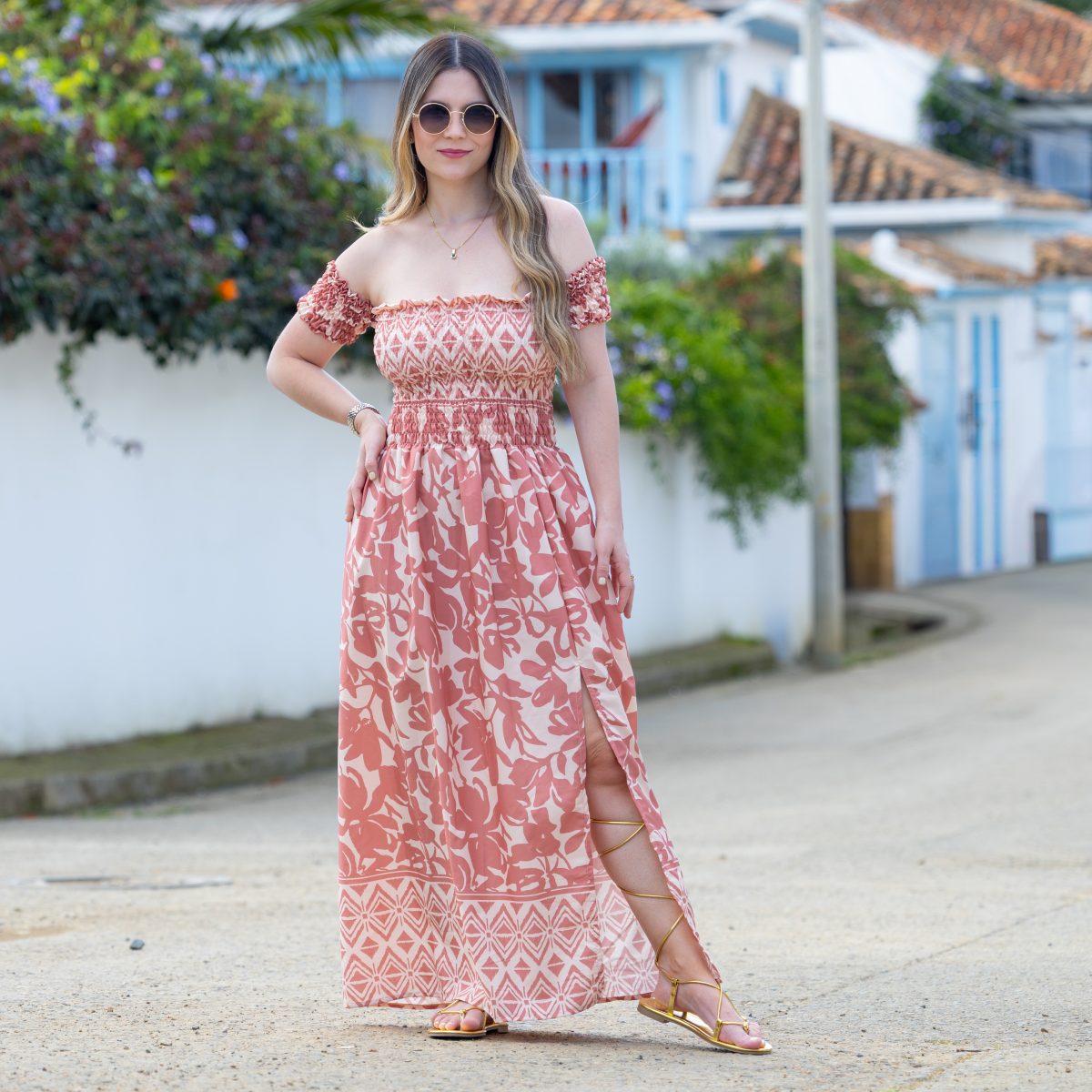 Vestido largo flores terracota