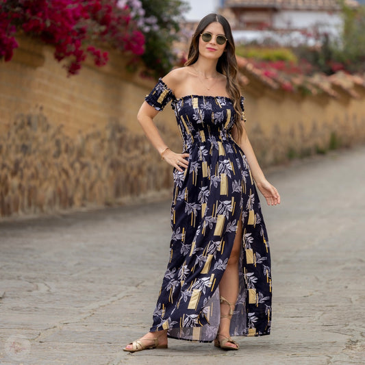 Vestido largo encauchado azul