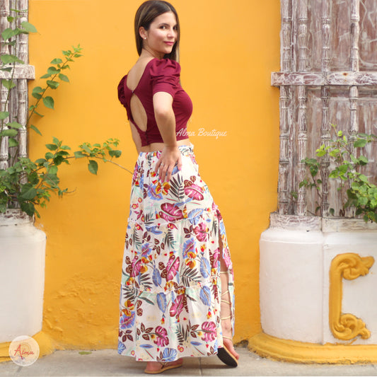 Crop Top Vinotinto + falda larga