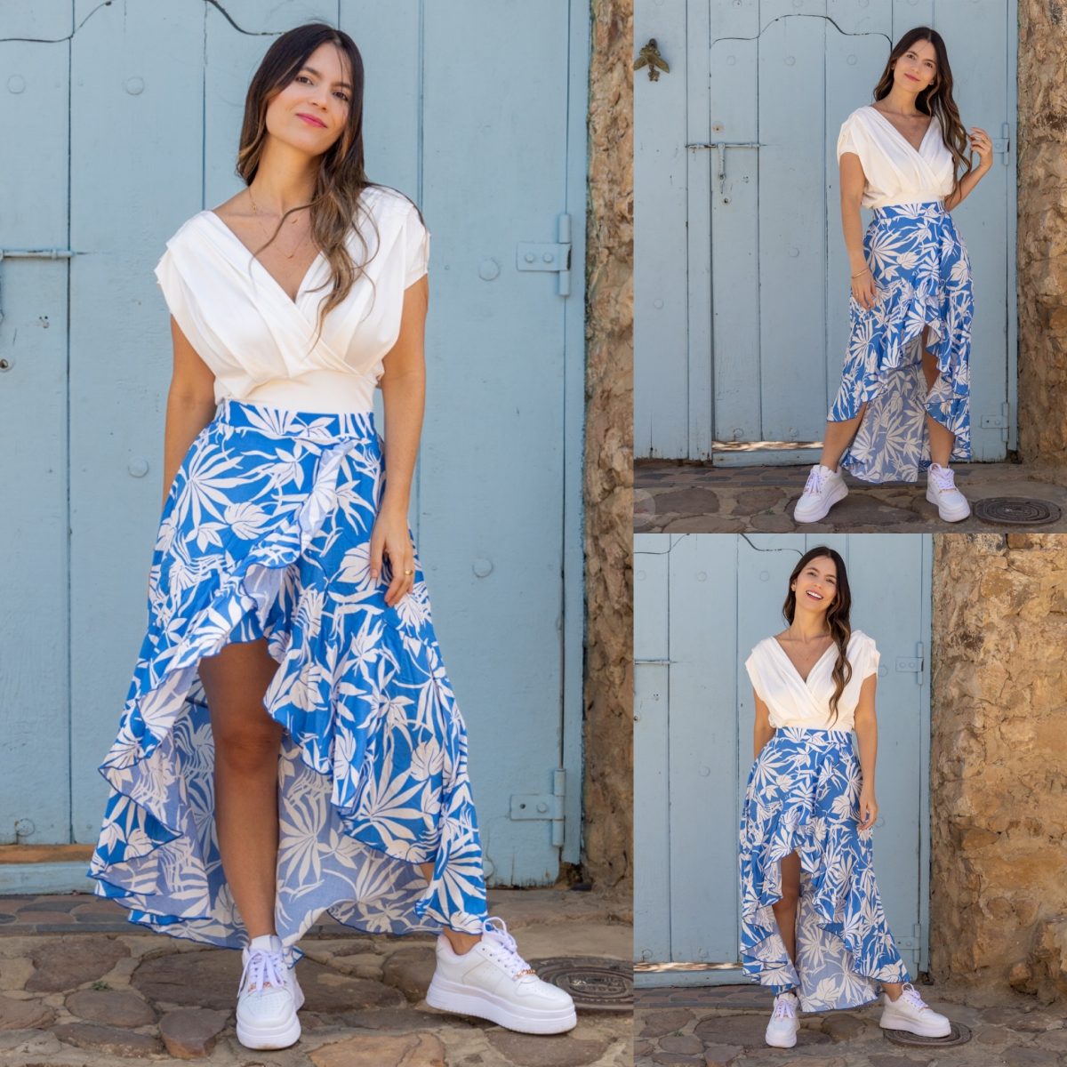 Falda larga azul flores