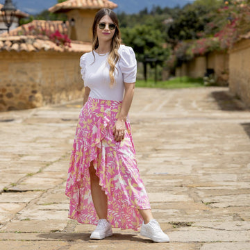 Falda larga rosa