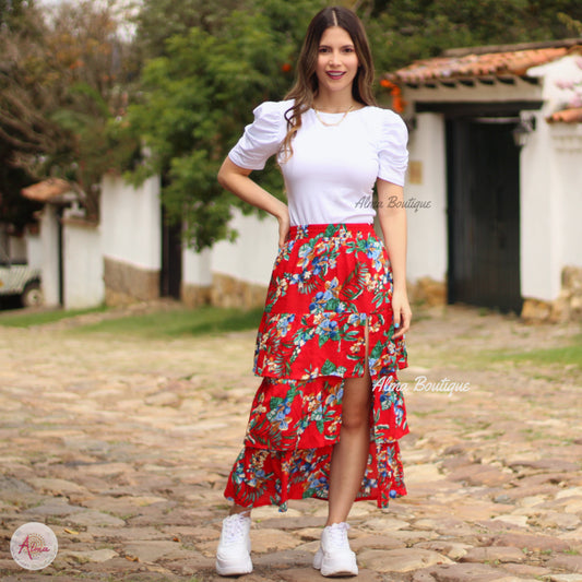 falda roja flores