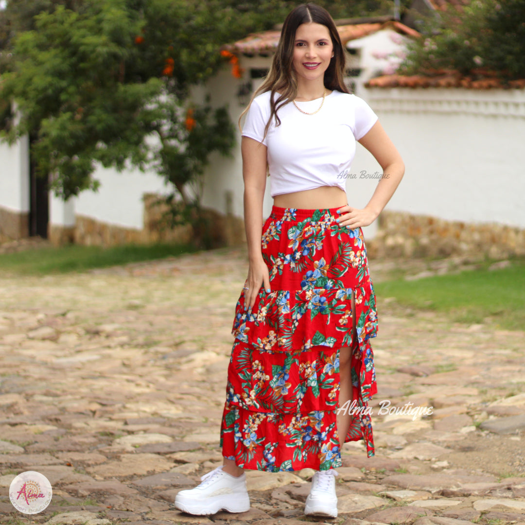 falda roja flores