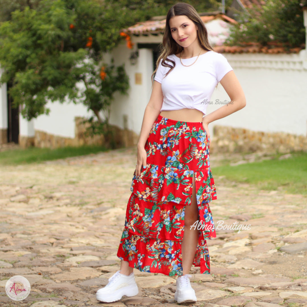 falda roja flores